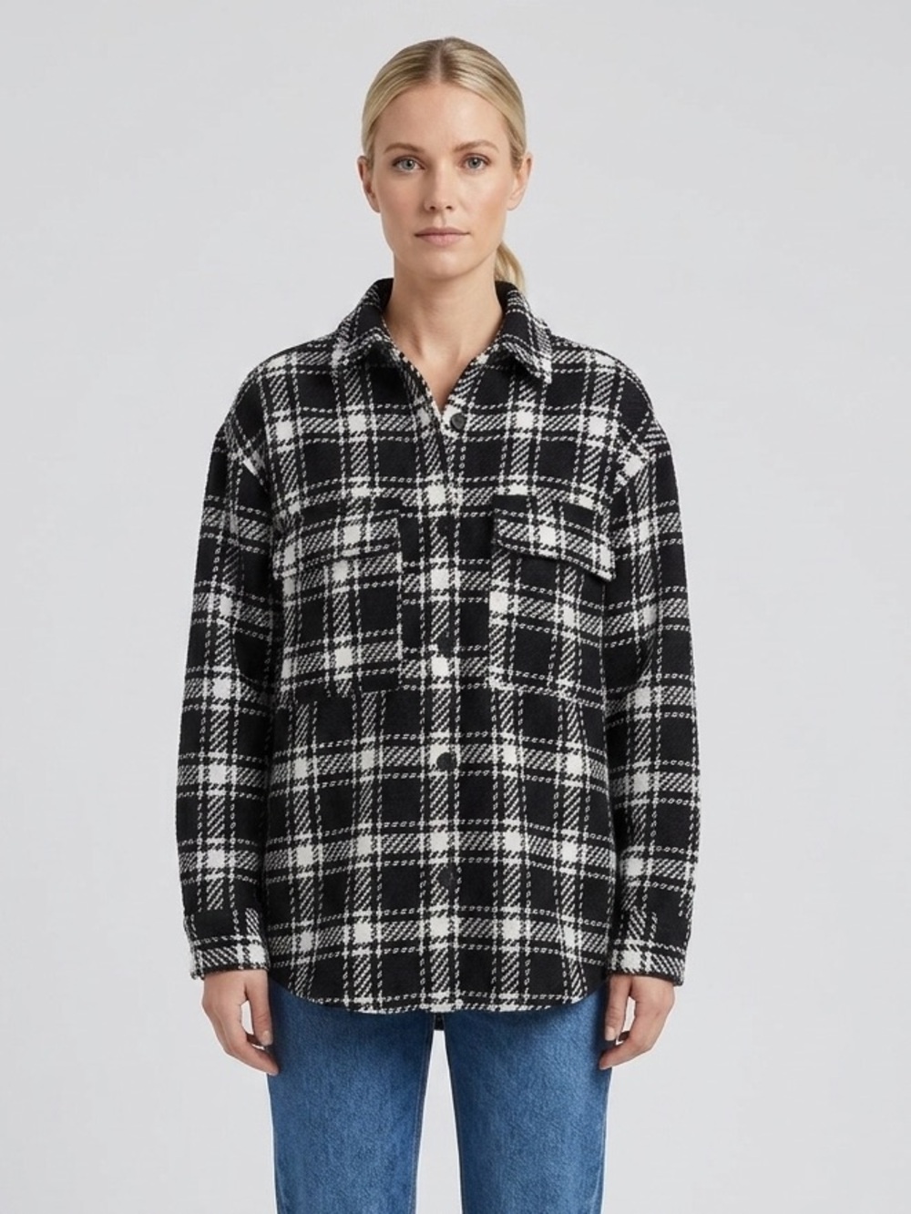 Zara Black & White Plaid Relaxed Fit Overshirt Shacket Size Small